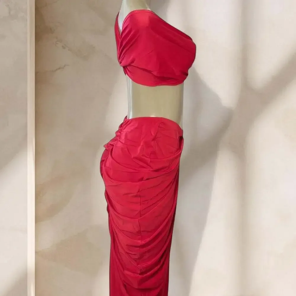Red Two Piece Set – Ruched Crop Top & Maxi Skirt Sexy Elegant Night Out ✧ L